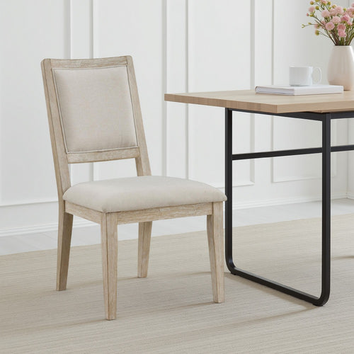 Eva Dining Side Chair Set of 2, Square Back, White Wood, Beige Fabric -BM329128
