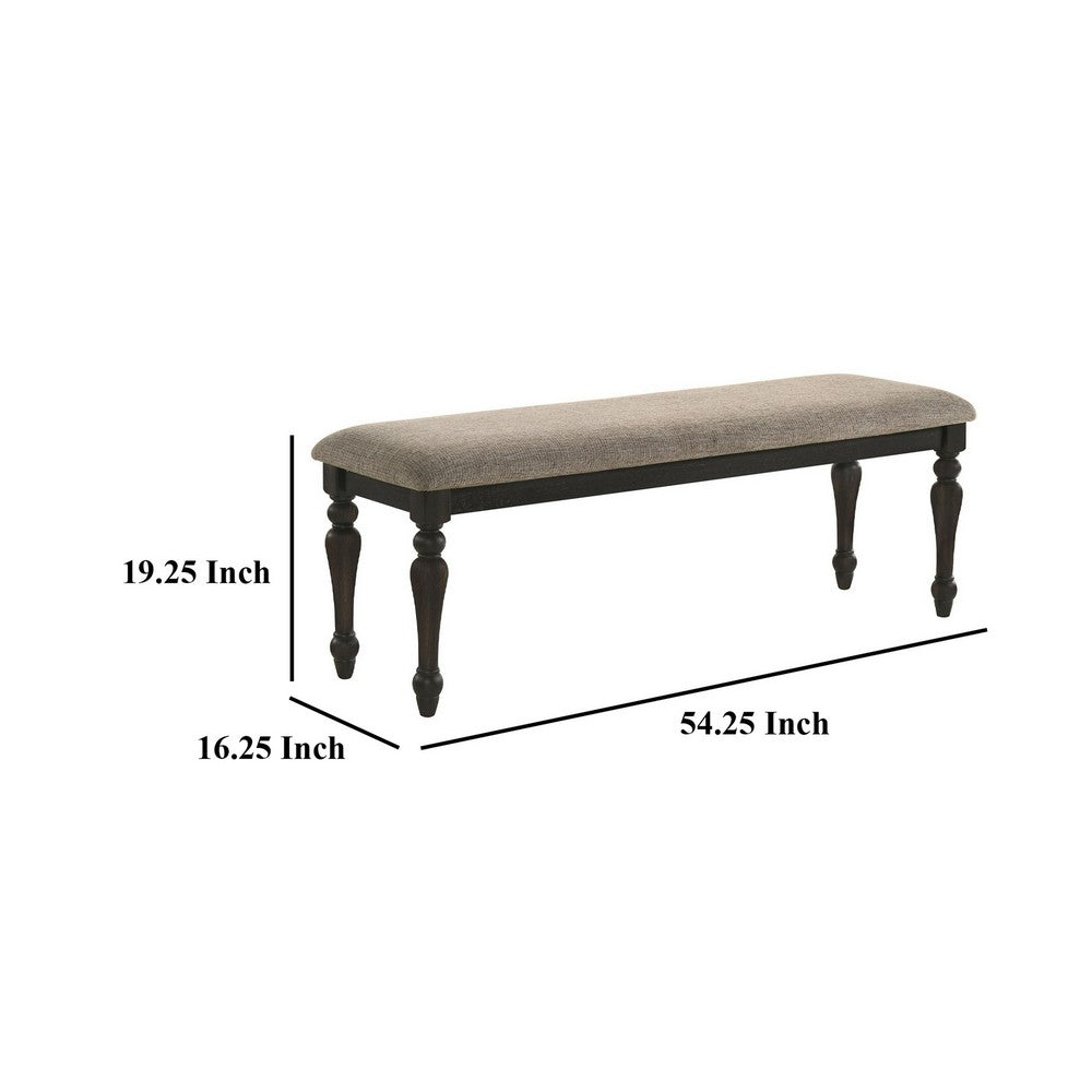 Brad Dining Bench, Turned Legs, Charcoal Gray Wood, Brown, 54 Inch -BM329140