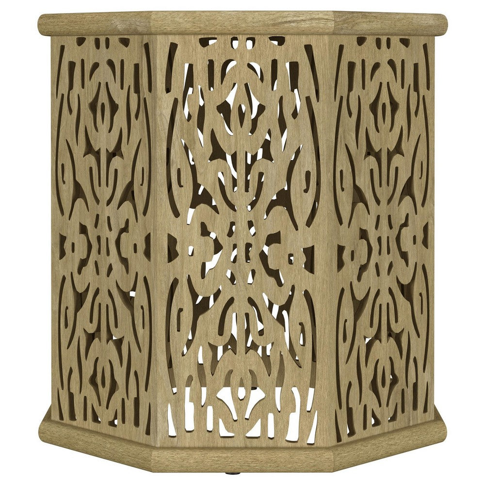 Ores Accent Side Table with Intricate Carvings, Brown Mango Wood -BM329154