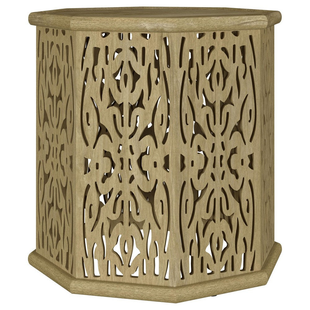 Ores Accent Side Table with Intricate Carvings, Brown Mango Wood -BM329154