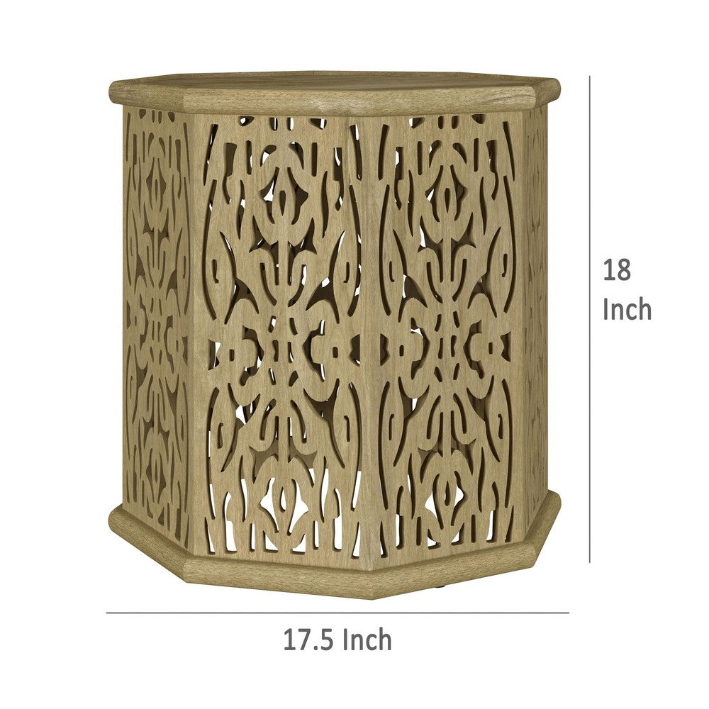 Ores Accent Side Table with Intricate Carvings, Brown Mango Wood -BM329154