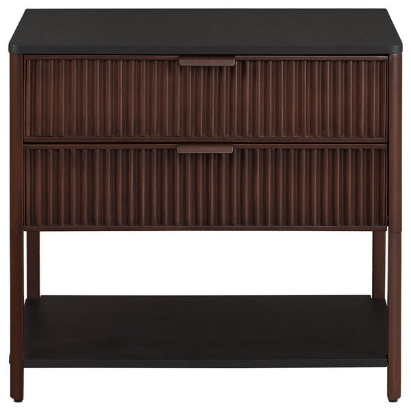 Zemy Side End Table, 2 Drawers, Open Shelf, Black Metal, Rust Brown -BM329158