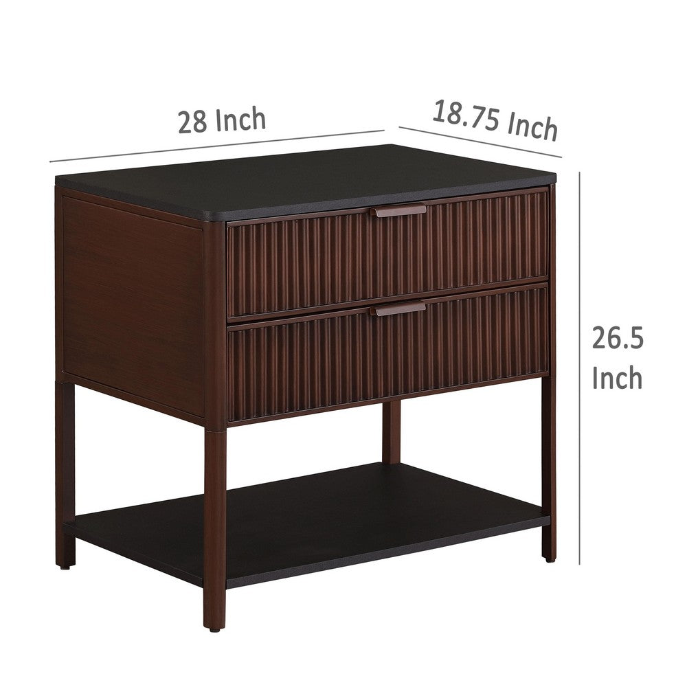 Zemy Side End Table, 2 Drawers, Open Shelf, Black Metal, Rust Brown -BM329158
