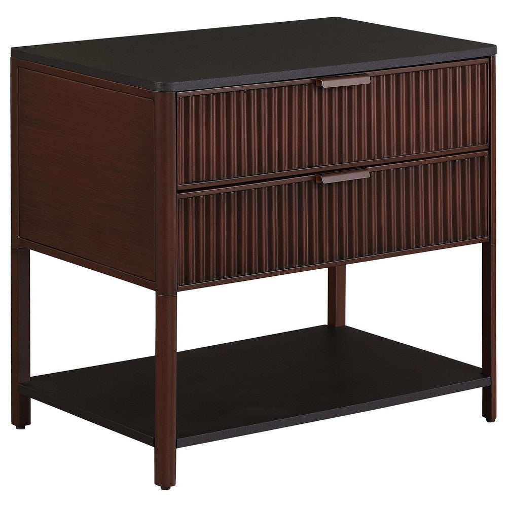 Zemy Side End Table, 2 Drawers, Open Shelf, Black Metal, Rust Brown -BM329158