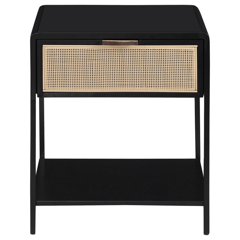 Lanie Bedside Table with Drawer and Open Shelf, PE Cane, Black Metal -BM329164