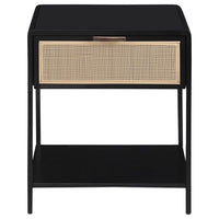 Lanie Bedside Table with Drawer and Open Shelf, PE Cane, Black Metal -BM329164