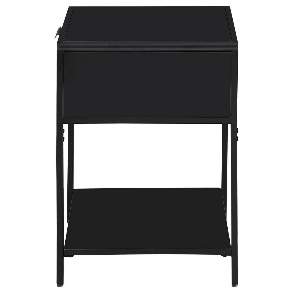 Lanie Bedside Table with Drawer and Open Shelf, PE Cane, Black Metal -BM329164