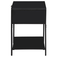 Lanie Bedside Table with Drawer and Open Shelf, PE Cane, Black Metal -BM329164