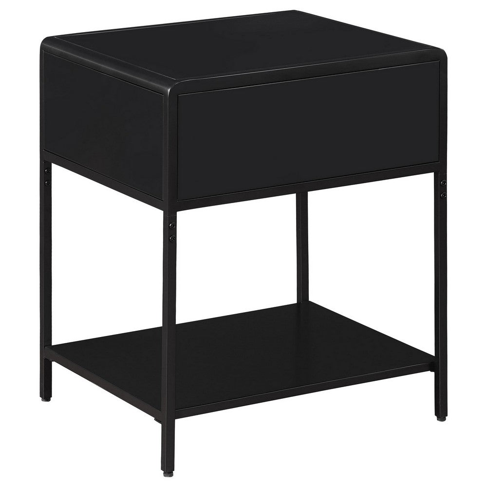 Lanie Bedside Table with Drawer and Open Shelf, PE Cane, Black Metal -BM329164