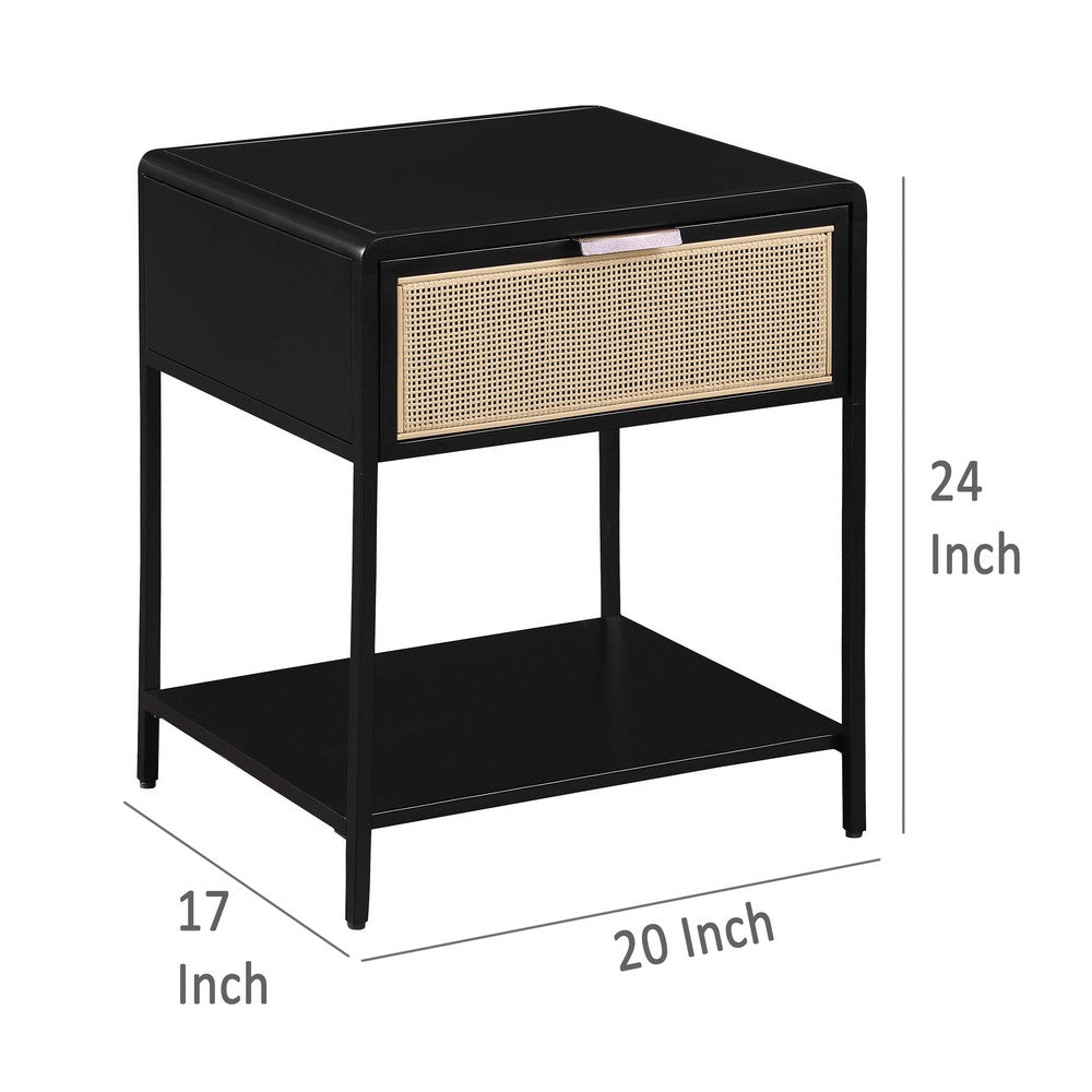 Lanie Bedside Table with Drawer and Open Shelf, PE Cane, Black Metal -BM329164