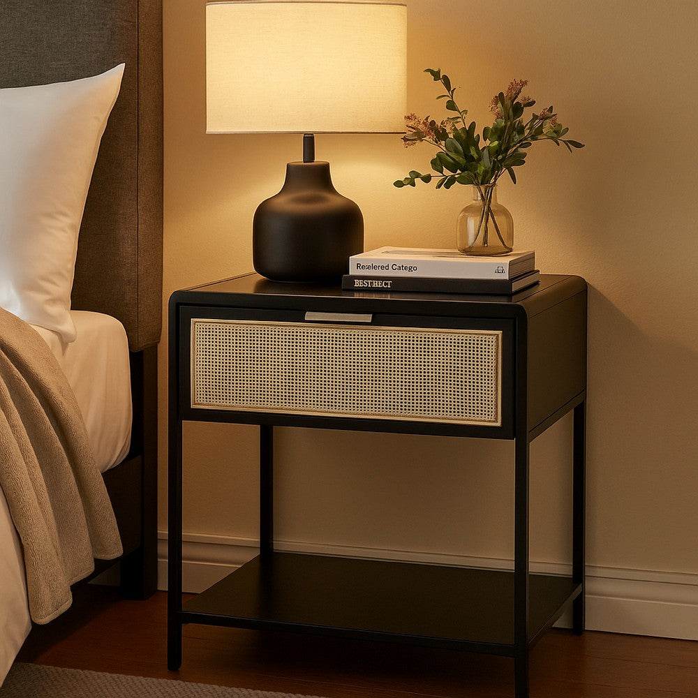 Lanie Bedside Table with Drawer and Open Shelf, PE Cane, Black Metal -BM329164