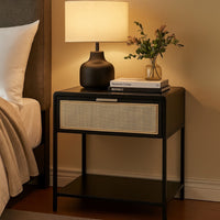 Lanie Bedside Table with Drawer and Open Shelf, PE Cane, Black Metal -BM329164