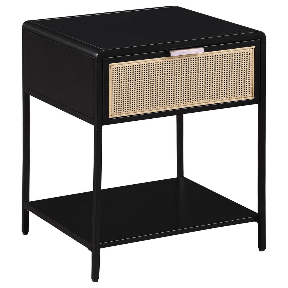 Lanie Bedside Table with Drawer and Open Shelf, PE Cane, Black Metal -BM329164