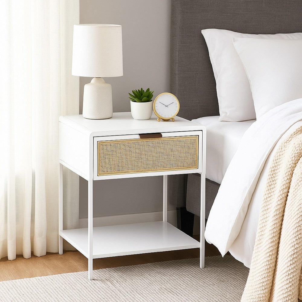 Lanie Bedside Table with Drawer and Open Shelf, PE Cane, White Metal -BM329167