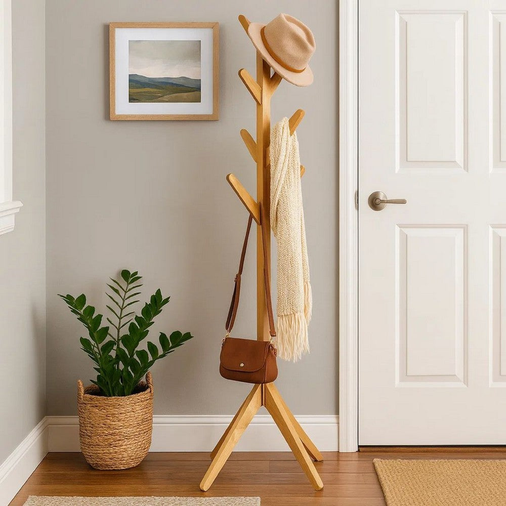 Margo Coat Rack, 8 Hooks, Tree Inspired Design, Oak Brown Solid wood -BM329168