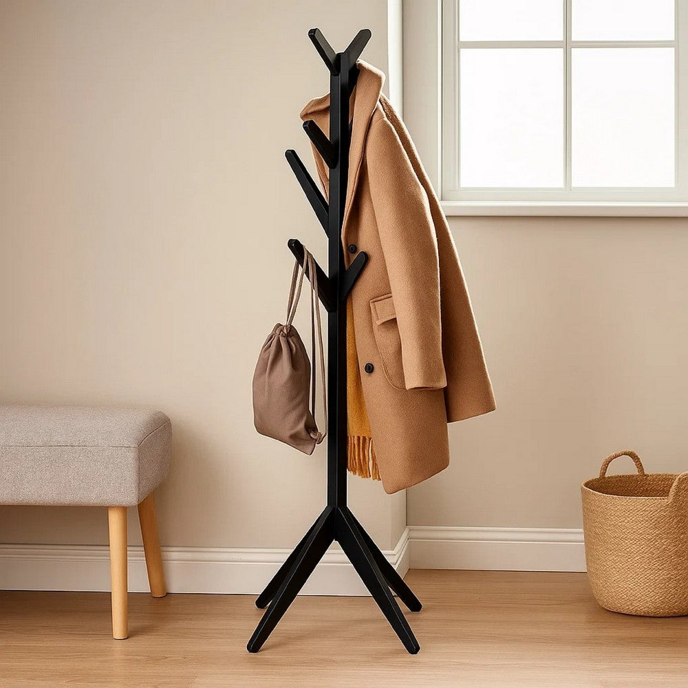 Margo Coat Rack, 8 Hooks and Tree Inspired Design, Black Solid wood -BM329169