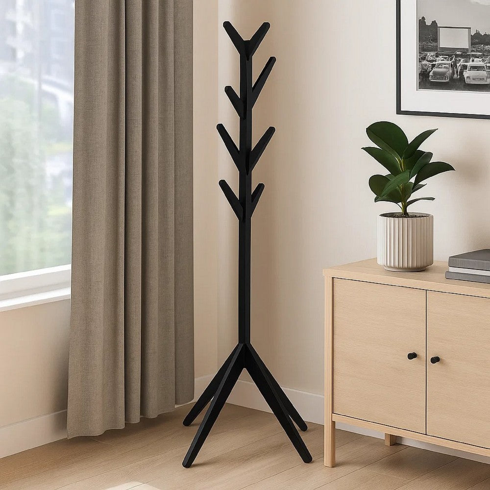 Margo Coat Rack, 8 Hooks and Tree Inspired Design, Black Solid wood -BM329169