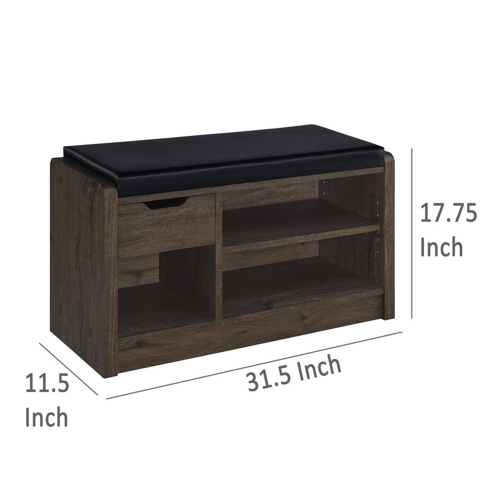 Aryn Storage Bench, Adjustable Shelf, Black Faux Leather, Dark Brown -BM329171