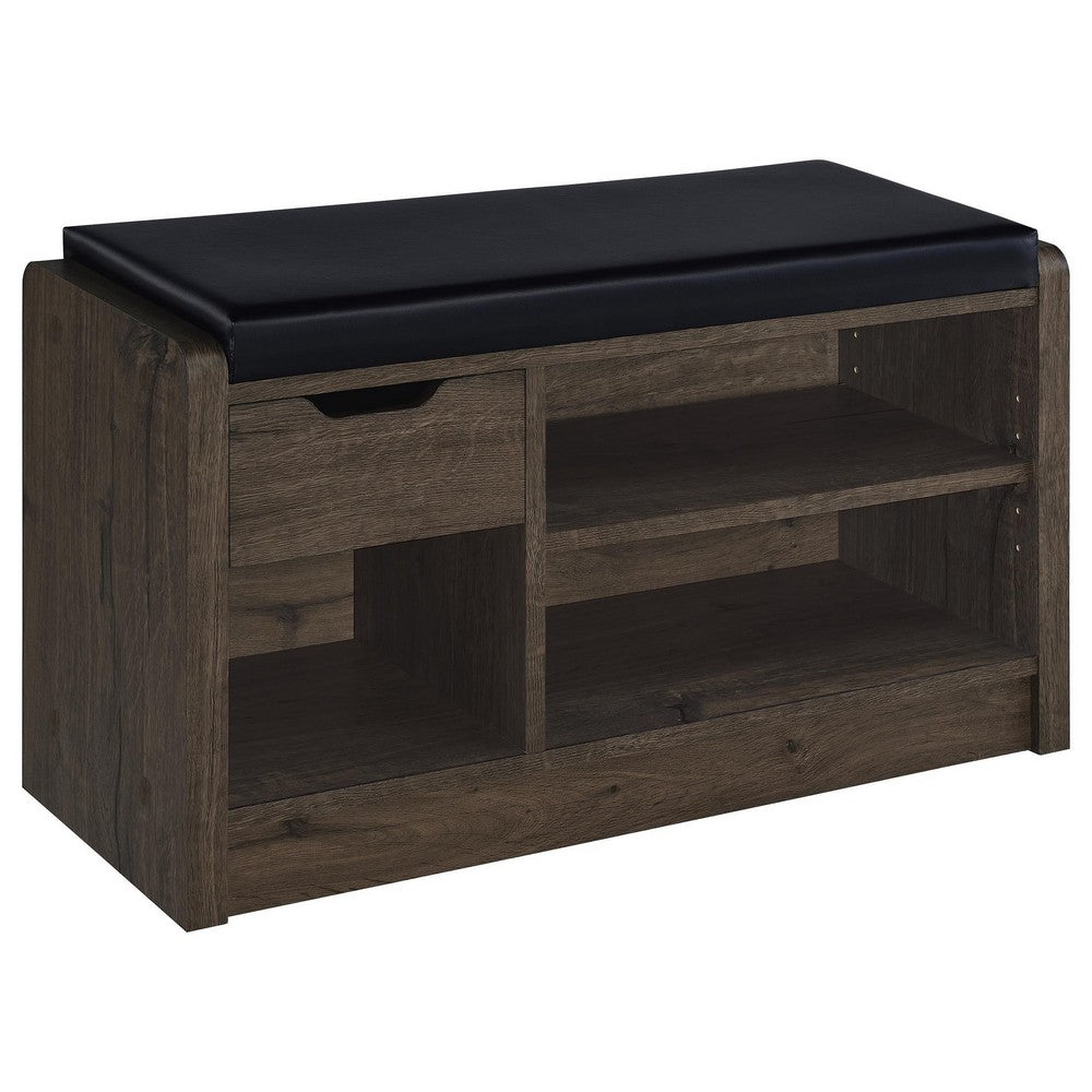 Aryn Storage Bench, Adjustable Shelf, Black Faux Leather, Dark Brown -BM329171