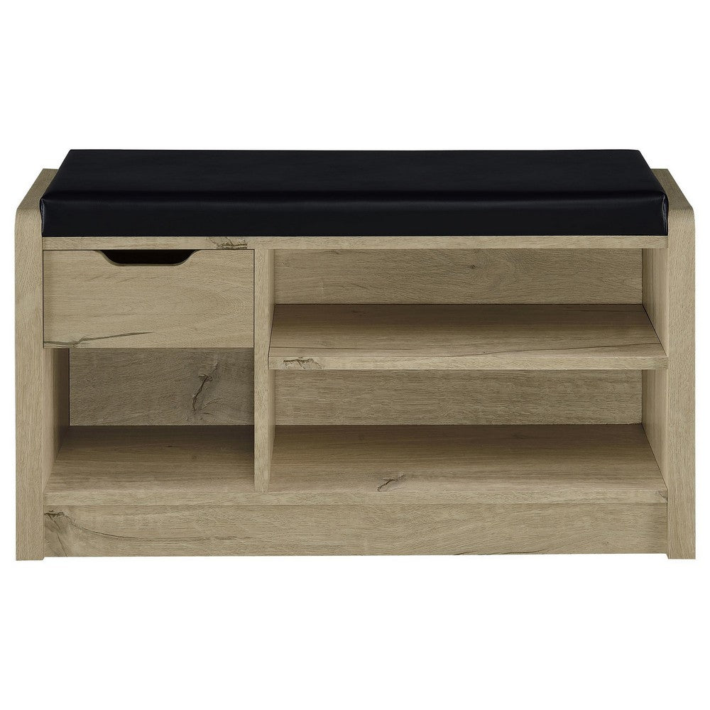 Aryn Storage Bench, Adjustable Shelf, Black Faux Leather, Oak Brown -BM329172