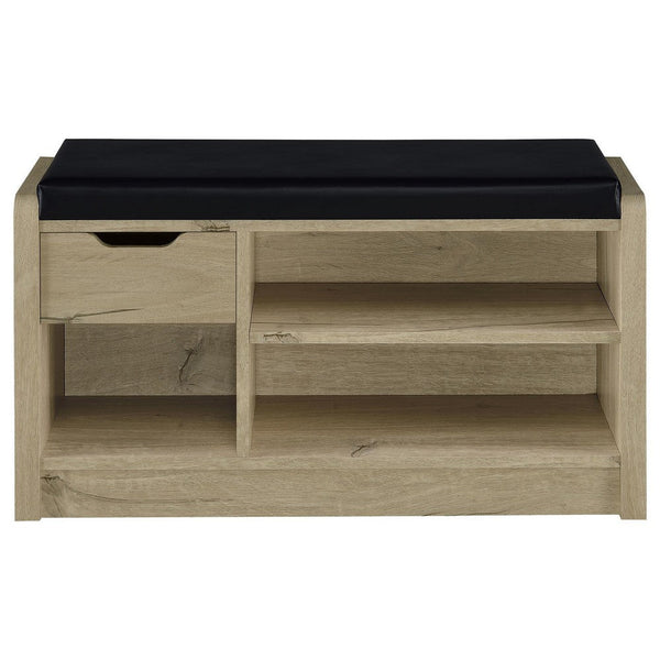 Aryn Storage Bench, Adjustable Shelf, Black Faux Leather, Oak Brown -BM329172