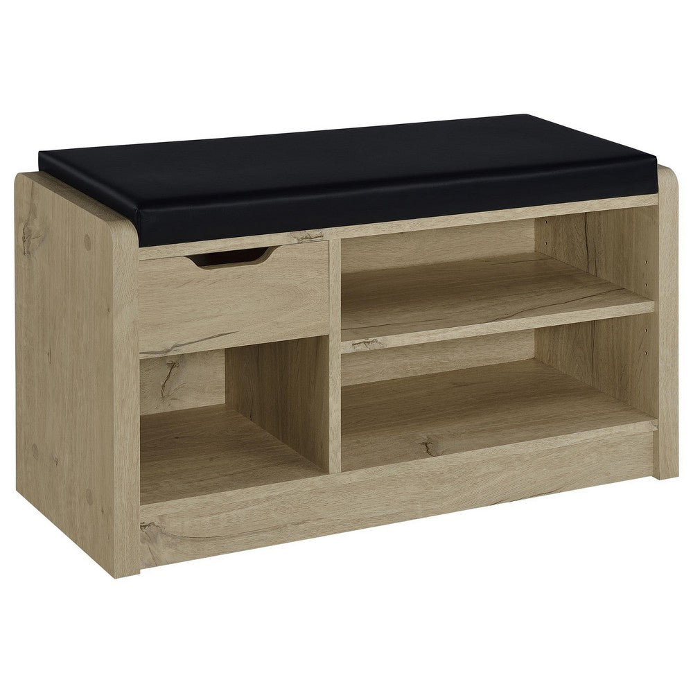 Aryn Storage Bench, Adjustable Shelf, Black Faux Leather, Oak Brown -BM329172