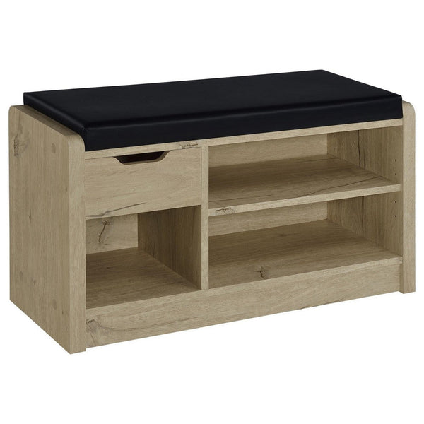 Aryn Storage Bench, Adjustable Shelf, Black Faux Leather, Oak Brown -BM329172