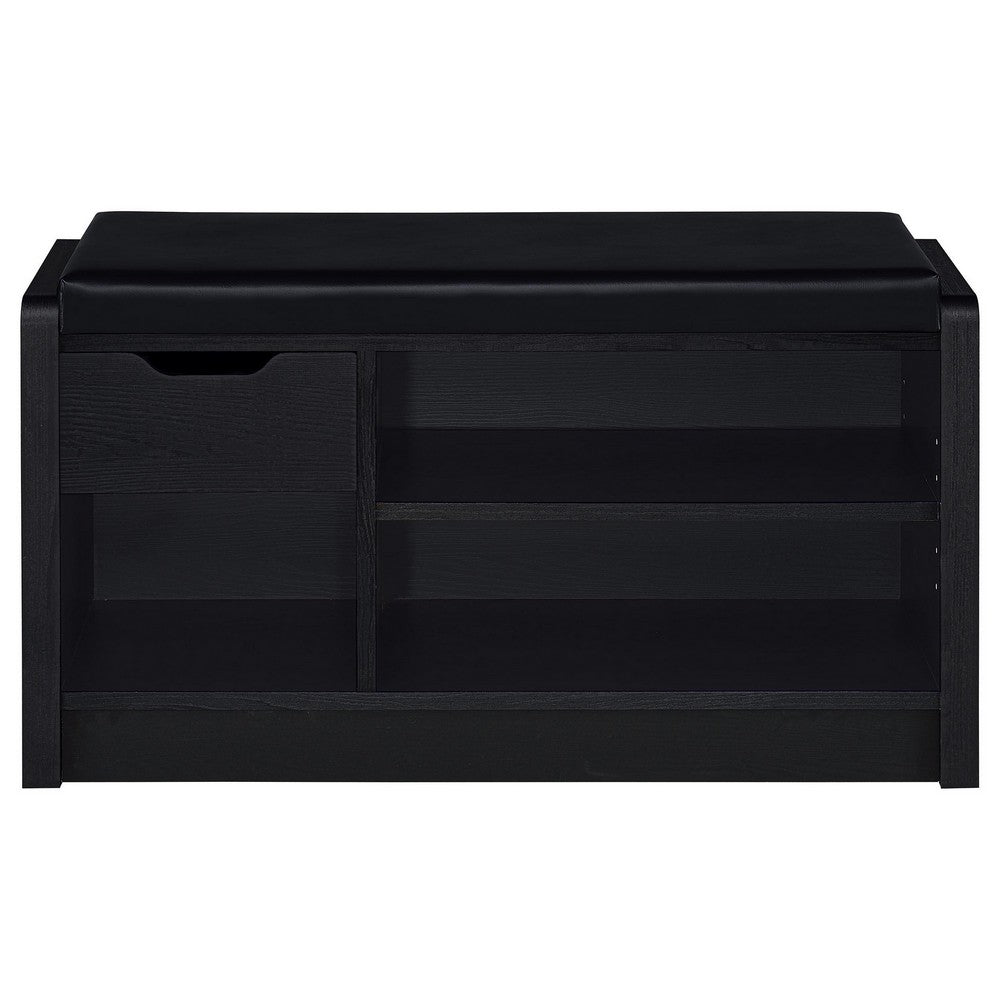 Aryn Storage Bench with Adjustable Shelf, Black Faux Leather, Black -BM329173
