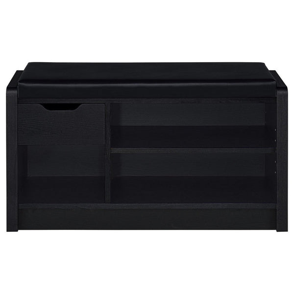 Aryn Storage Bench with Adjustable Shelf, Black Faux Leather, Black -BM329173