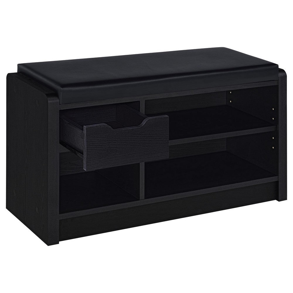 Aryn Storage Bench with Adjustable Shelf, Black Faux Leather, Black -BM329173