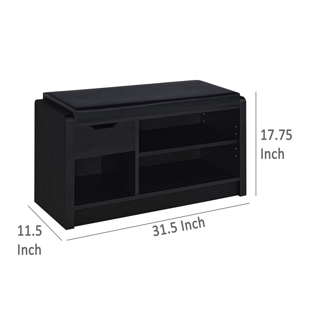 Aryn Storage Bench with Adjustable Shelf, Black Faux Leather, Black -BM329173