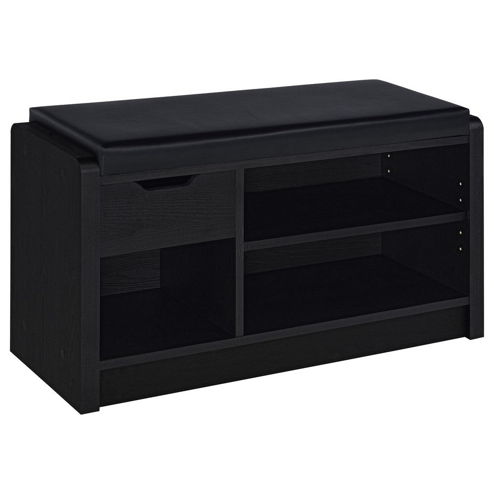 Aryn Storage Bench with Adjustable Shelf, Black Faux Leather, Black -BM329173