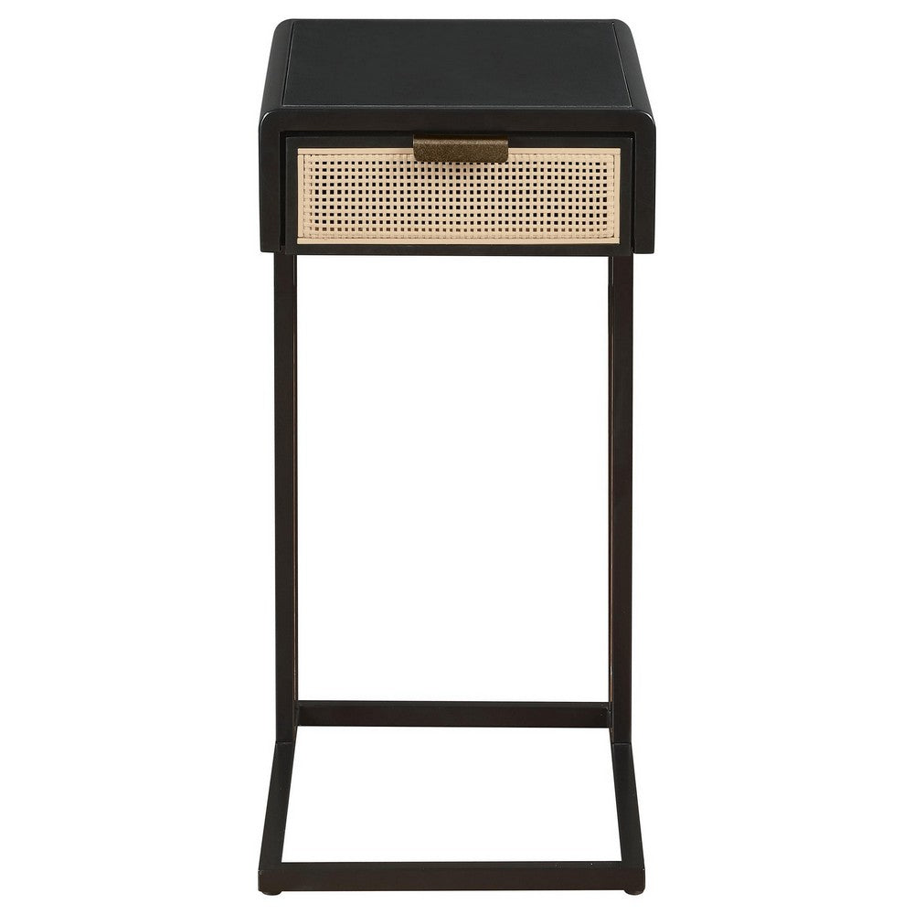 Lanie Side C Table, 1 Drawer, Sleek Black Metal Frame, Faux Rattan -BM329176