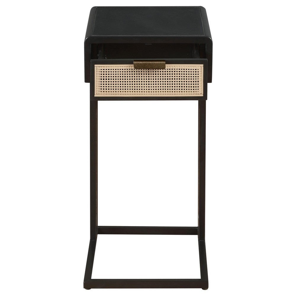 Lanie Side C Table, 1 Drawer, Sleek Black Metal Frame, Faux Rattan -BM329176