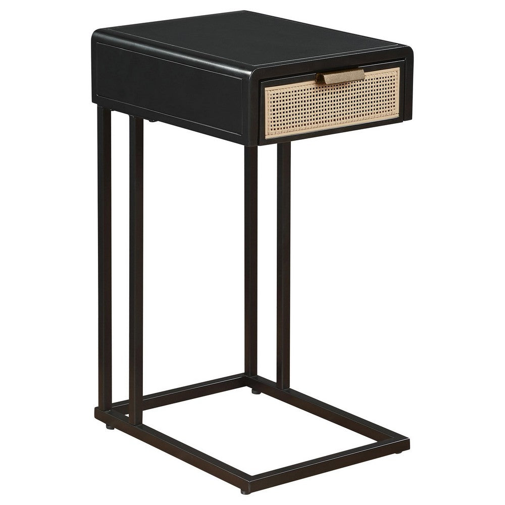 Lanie Side C Table, 1 Drawer, Sleek Black Metal Frame, Faux Rattan -BM329176