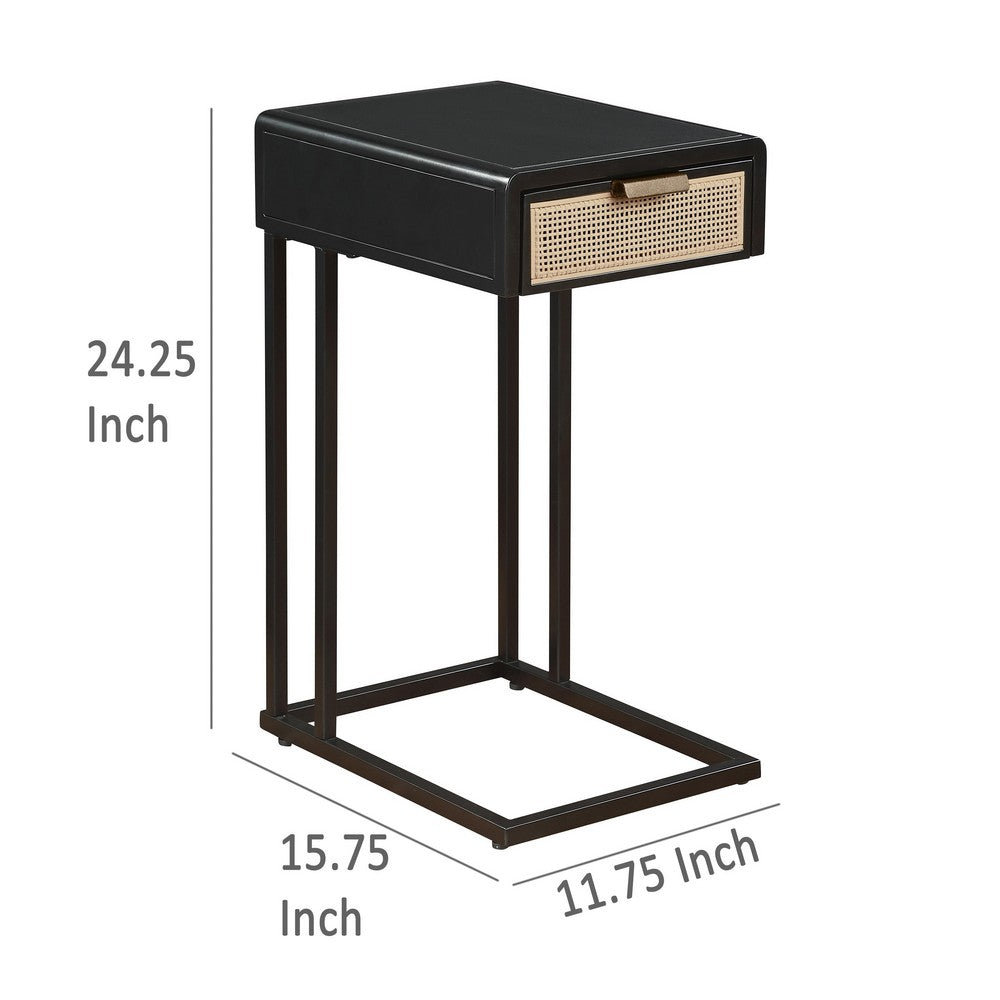 Lanie Side C Table, 1 Drawer, Sleek Black Metal Frame, Faux Rattan -BM329176