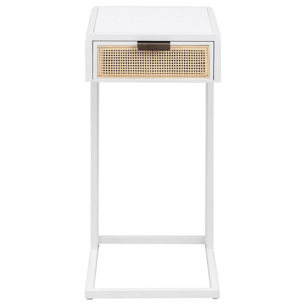 Lanie Side C Table, 1 Drawer, Sleek White Metal Frame, Faux Rattan -BM329177