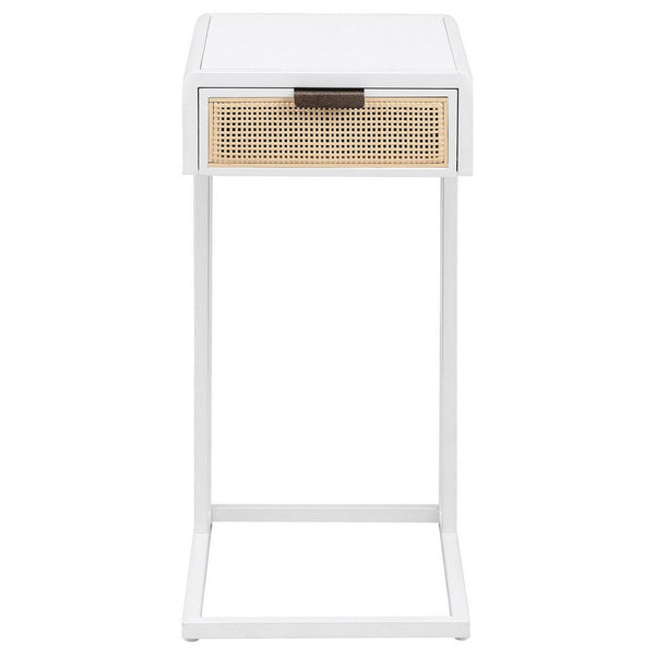 Lanie Side C Table, 1 Drawer, Sleek White Metal Frame, Faux Rattan -BM329177