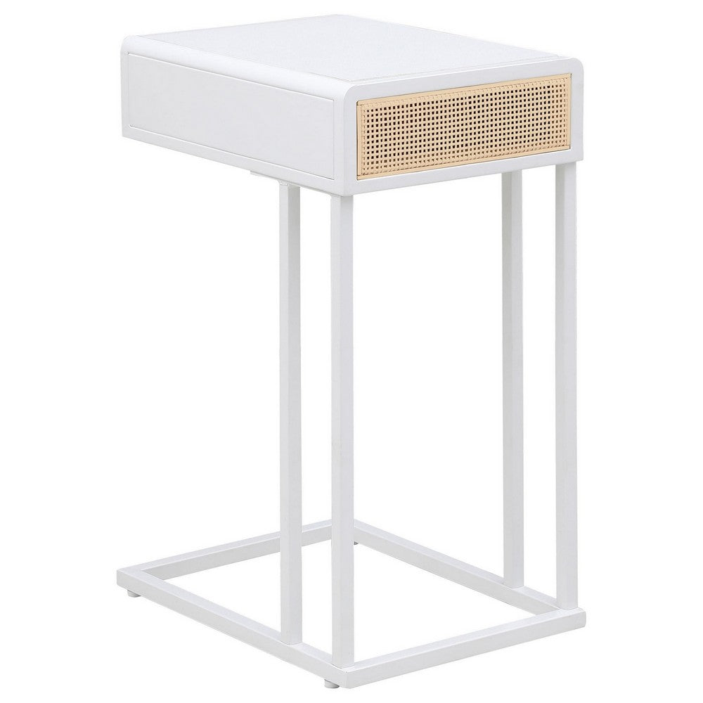 Lanie Side C Table, 1 Drawer, Sleek White Metal Frame, Faux Rattan -BM329177