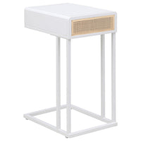 Lanie Side C Table, 1 Drawer, Sleek White Metal Frame, Faux Rattan -BM329177