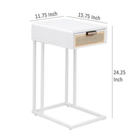 Lanie Side C Table, 1 Drawer, Sleek White Metal Frame, Faux Rattan -BM329177