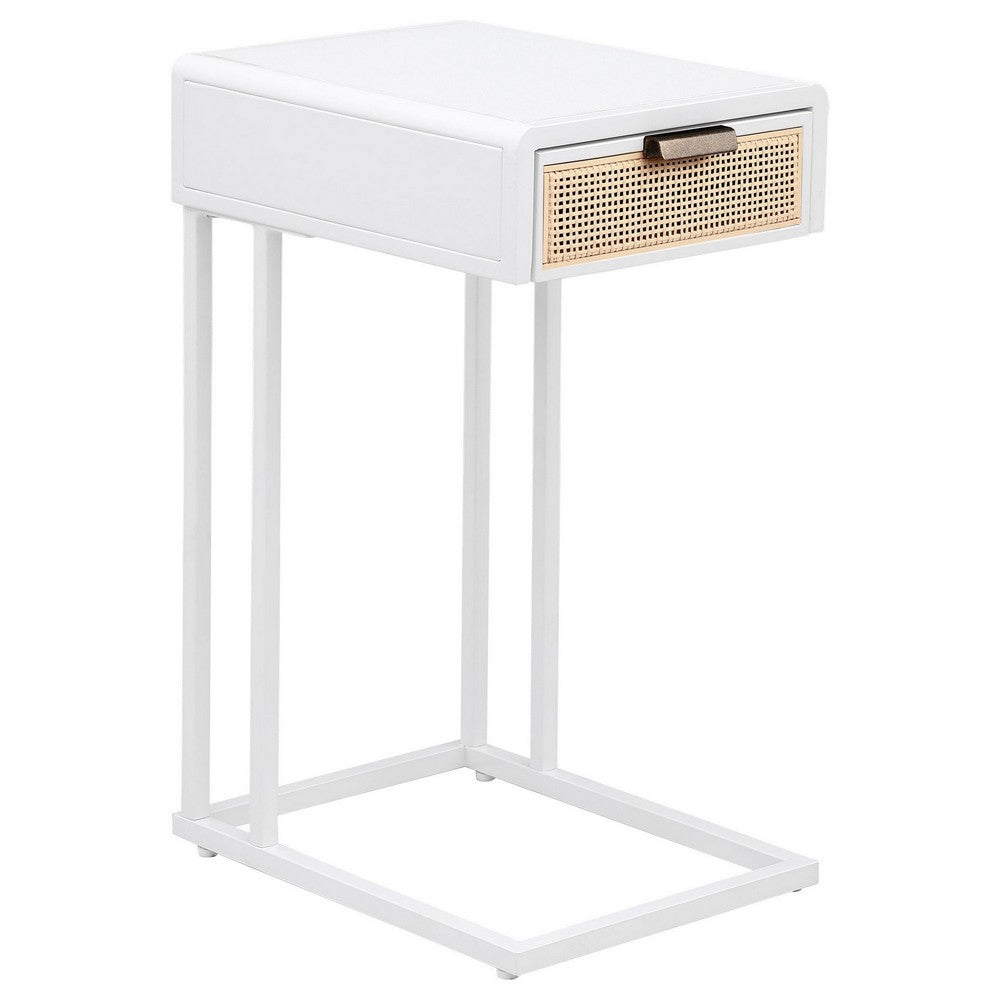 Lanie Side C Table, 1 Drawer, Sleek White Metal Frame, Faux Rattan -BM329177