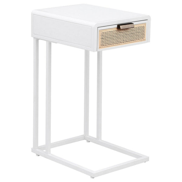 Lanie Side C Table, 1 Drawer, Sleek White Metal Frame, Faux Rattan -BM329177