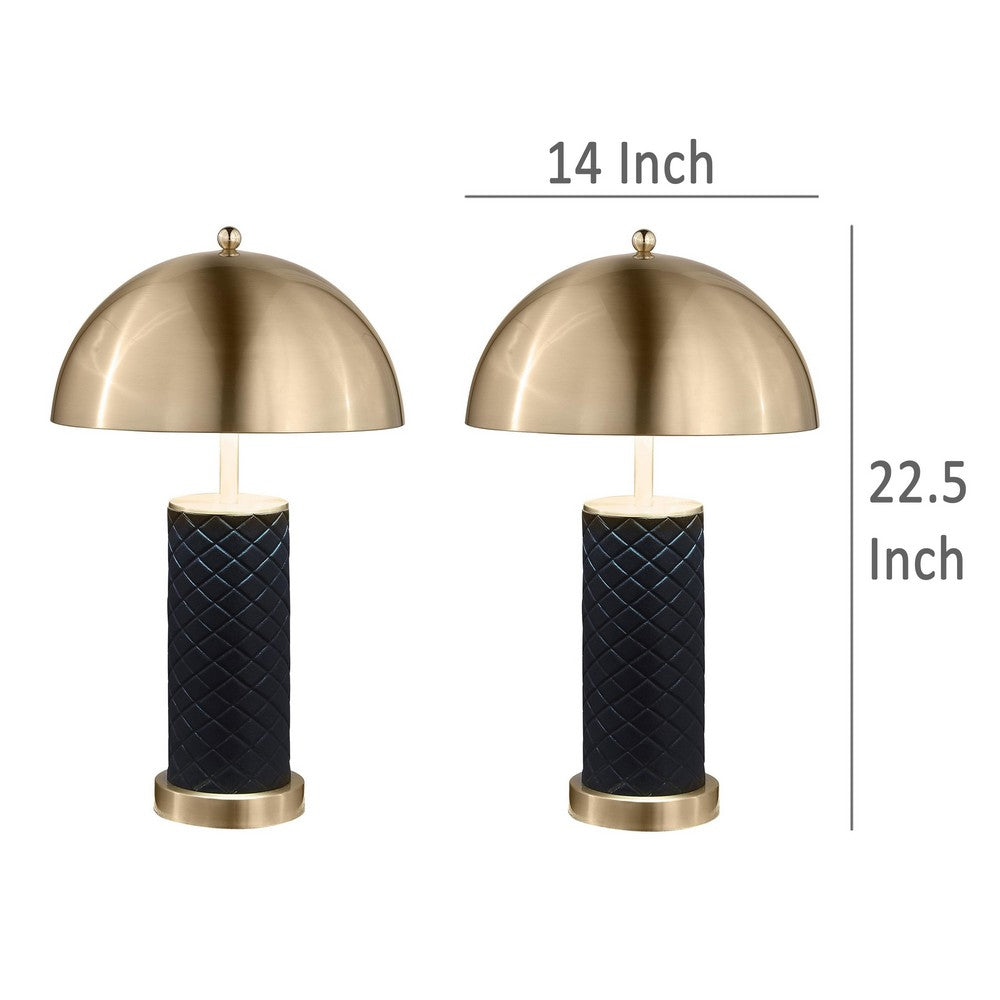 Eris Table Lamp Set of 2 with LED, Gold Dome Shade, Black Faux Leather -BM329180
