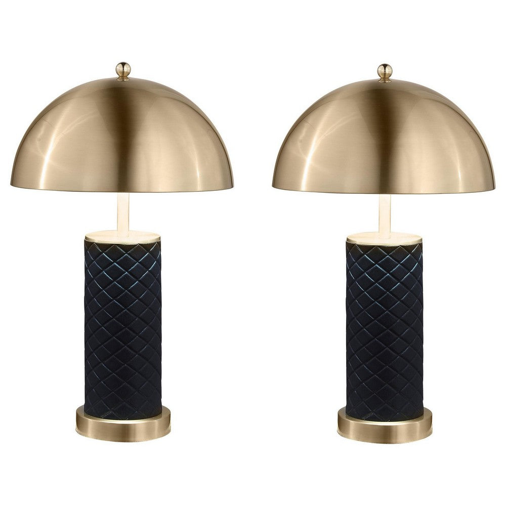 Eris Table Lamp Set of 2 with LED, Gold Dome Shade, Black Faux Leather -BM329180