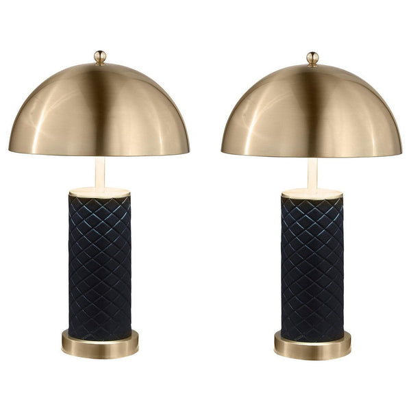 Eris Table Lamp Set of 2 with LED, Gold Dome Shade, Black Faux Leather -BM329180