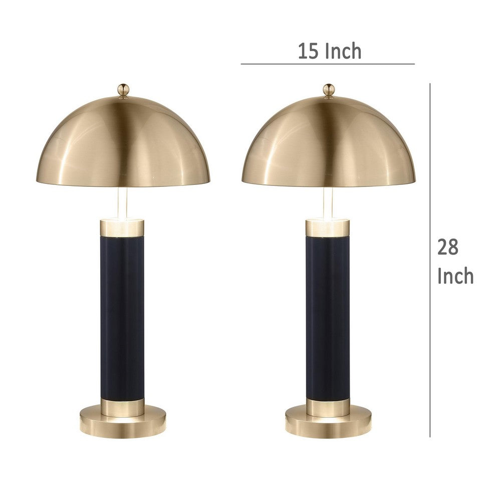 Cony Tall Table Lamp Set of 2, LED, Gold Dome Shade Black Faux Leather -BM329181