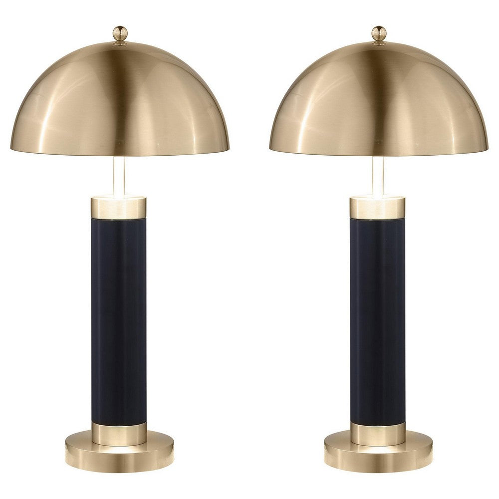 Cony Tall Table Lamp Set of 2, LED, Gold Dome Shade Black Faux Leather -BM329181
