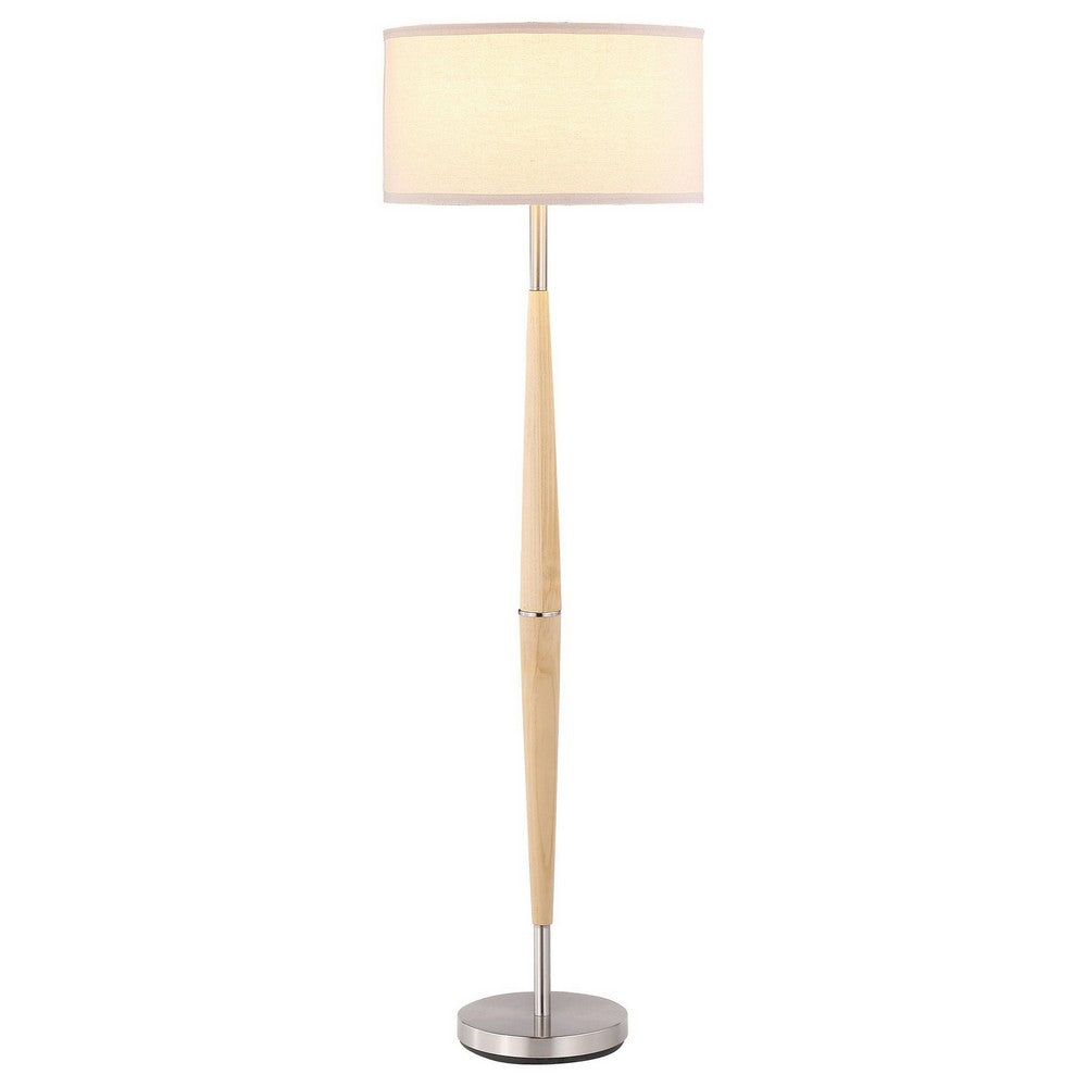 Nary Floor Lamp, 58 Inch Tapered Wood Stem, White Fabric, Chrome Metal -BM329183