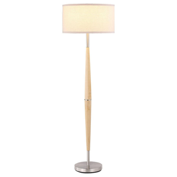 Nary Floor Lamp, 58 Inch Tapered Wood Stem, White Fabric, Chrome Metal -BM329183